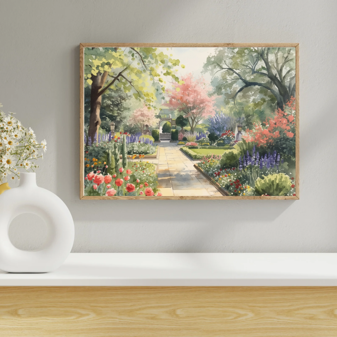 Engelse tuin schilderij in zwarte lijst aan witte muur naast witte vaas en decoraties op lichte houten vloer – aquarel wall art woonkamer
