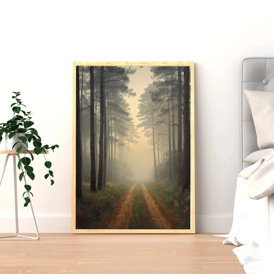 Veluwe dennenbos zandpad schilderij in gouden lijst staand op lichte houten vloer tegen witte muur naast hangplant en bed – cinematisch olieverf wall art slaapkamer
