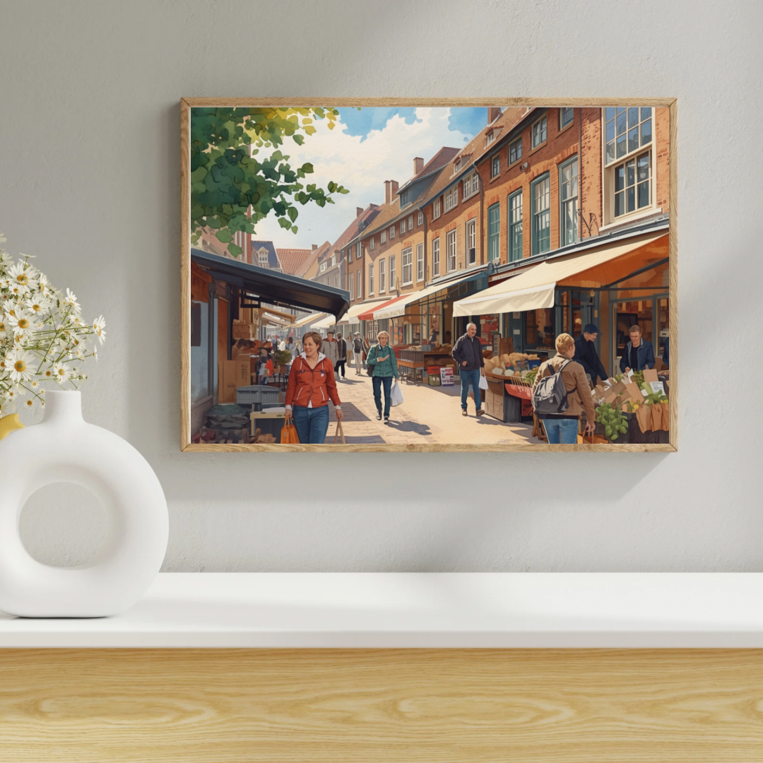 Apeldoorn winkelstraat schilderij in witte lijst aan witte muur naast witte vaas en decoraties op lichte houten vloer – aquarel wall art woonkamer
