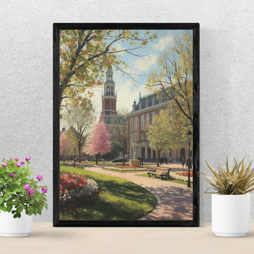 Apeldoorn stadspark schilderij in zwarte lijst staand op lichte houten vloer tegen witte muur naast witte pot met plant – impressionistisch wall art woonkamer
