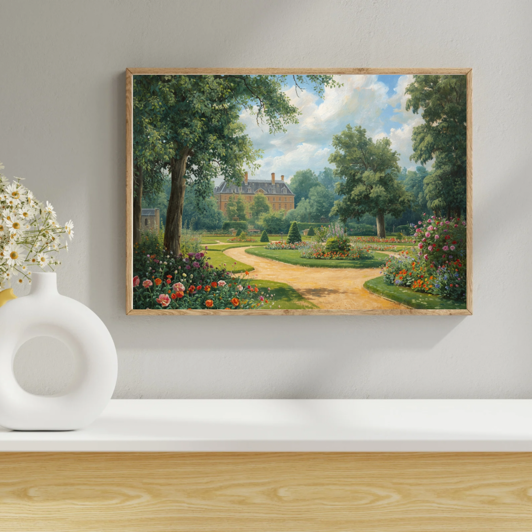Landgoed tuin schilderij in zwarte lijst aan witte muur naast witte vaas en decoraties op lichte houten vloer – impressionistisch olieverf wall art woonkamer
