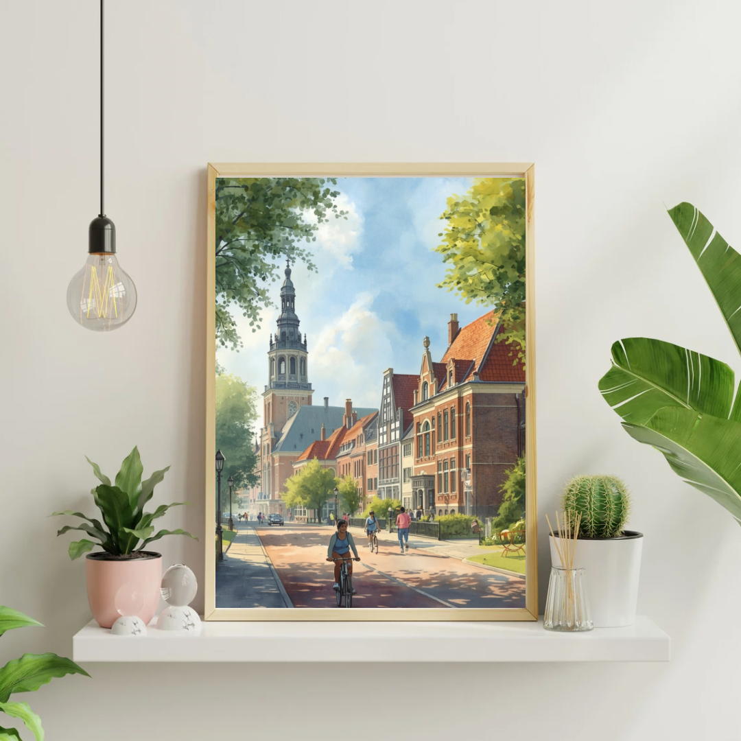 Apeldoorn straatlaan schilderij in witte lijst aan witte muur naast grote tropische kamerplant op lichte vloer – aquarel wall art woonkamer
