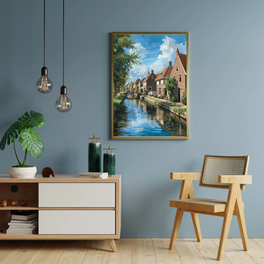 Apeldoorn gracht schilderij in zwarte lijst aan blauwe muur boven wit dressoir met lamp en stoel in moderne woonkamer – realistisch wall art
