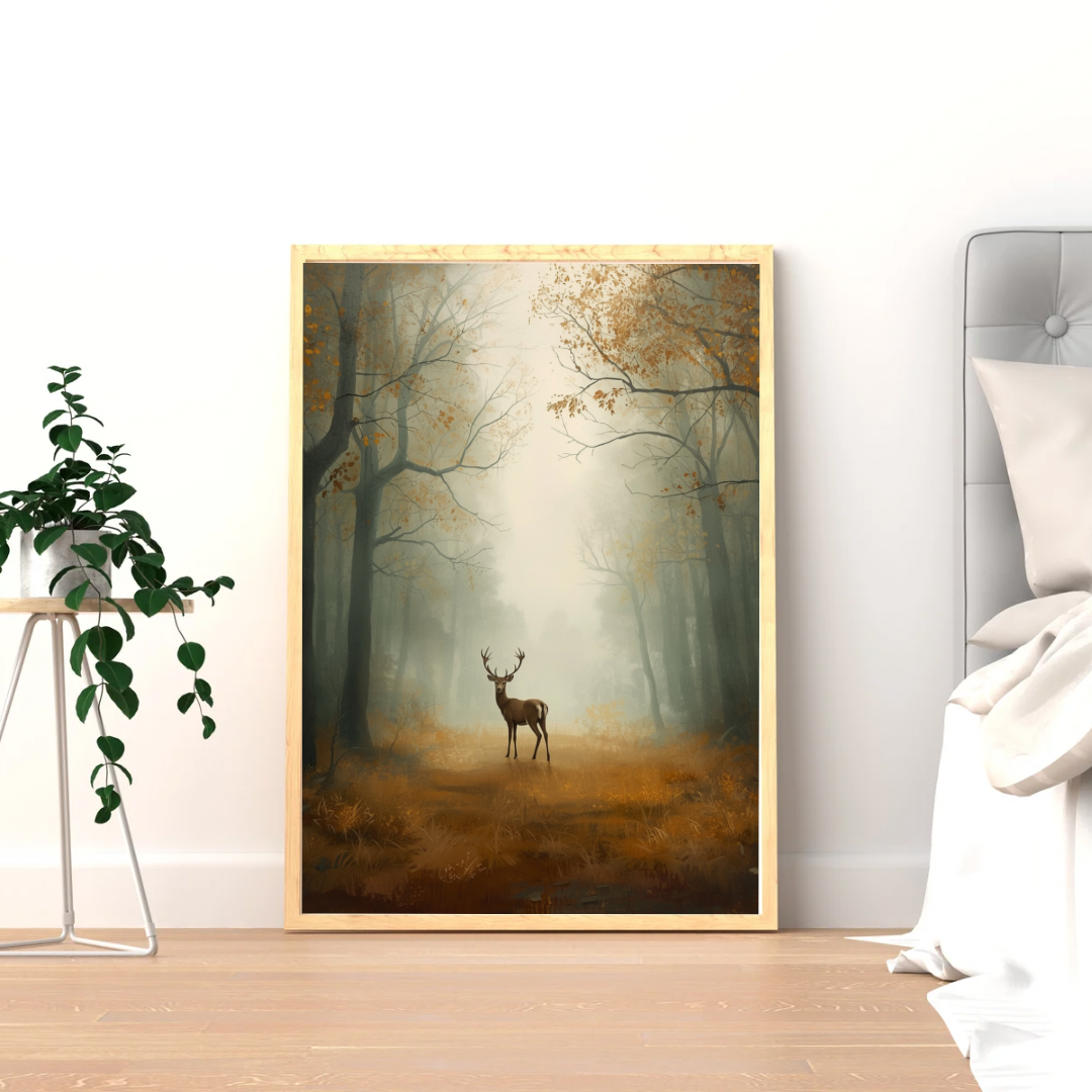 Herfstbos hert schilderij in gouden lijst staand op lichte houten vloer tegen witte muur naast hangplant en bed – cinematisch olieverf wall art slaapkamer
