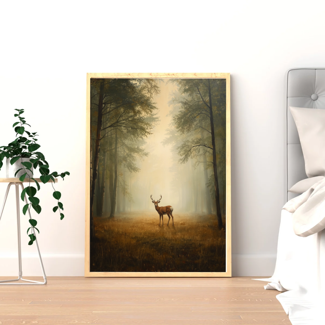 Veluwe bos edelhert schilderij in donkere lijst staand op lichte houten vloer tegen witte muur naast hangplant en bed – cinematisch olieverf wall art slaapkamer
