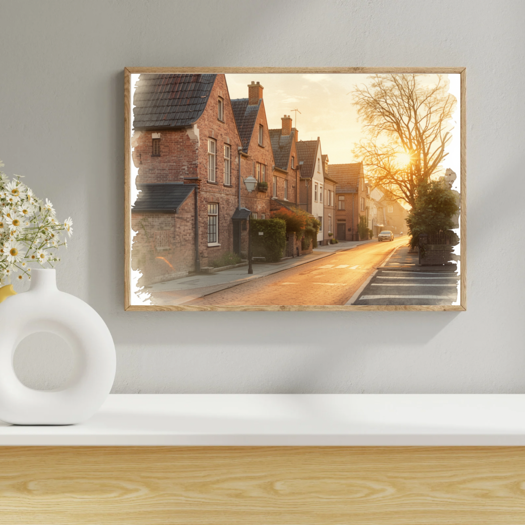 Apeldoorn winterstraat schilderij in zwarte lijst aan grijze muur naast witte vaas en decoraties op lichte houten vloer – aquarel wall art woonkamer
