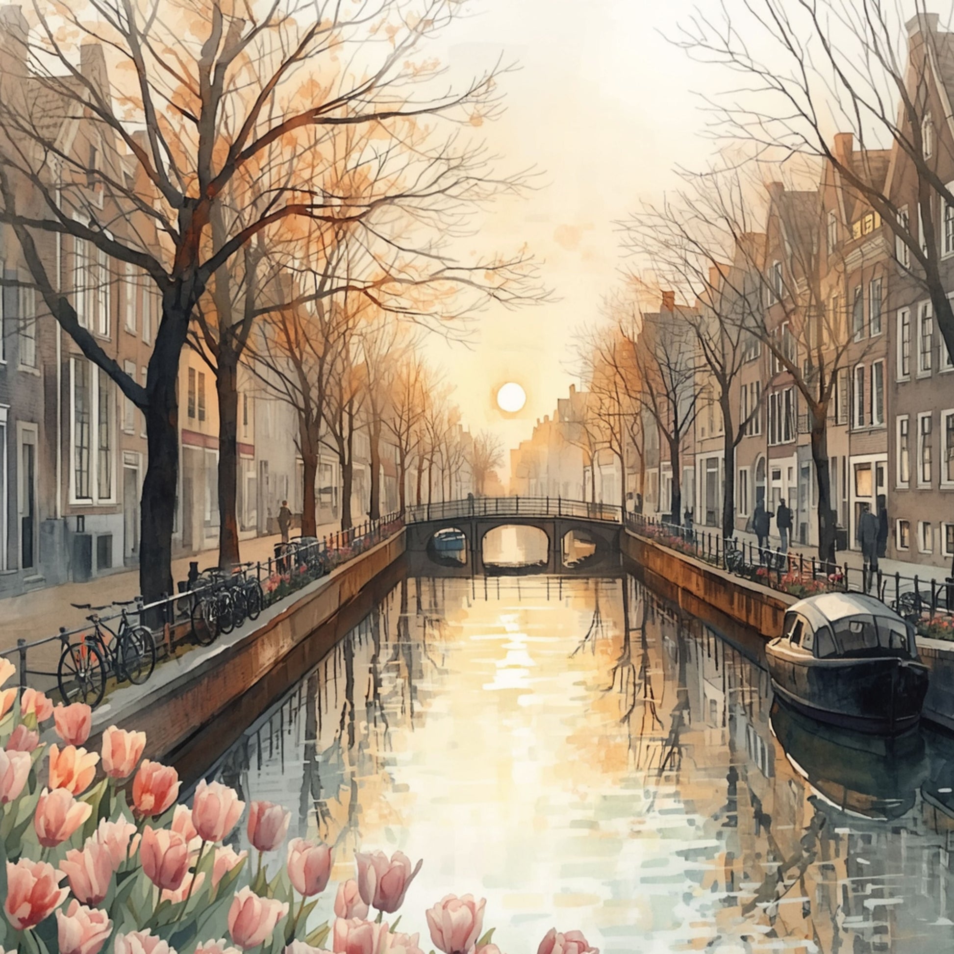 Den Haag gracht schilderij met gouden zonsondergang, roze tulpen, brug en boot – aquarel cityscape print