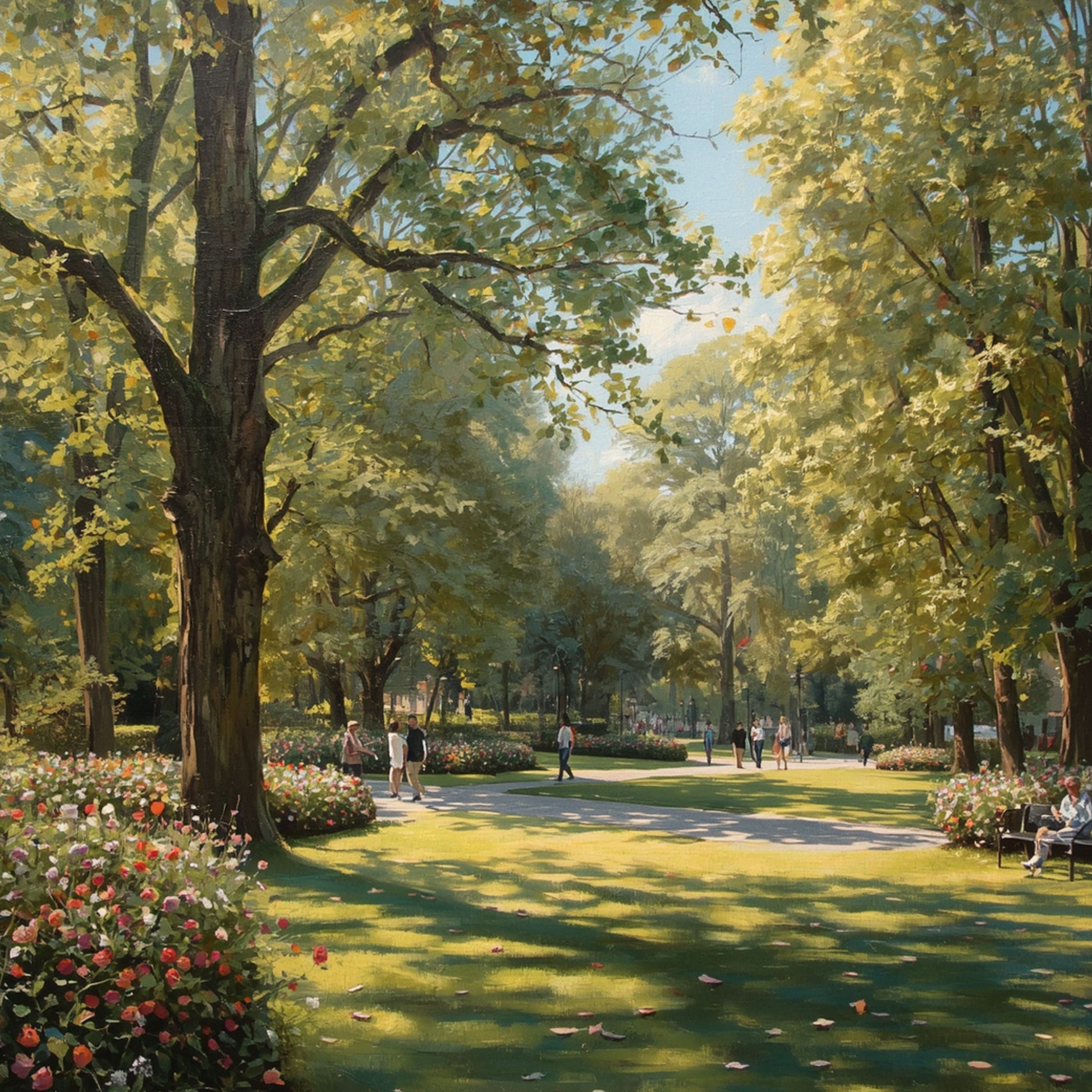 Den Haag park schilderij met grote eikenbomen, bloeiende rozenperken, wandelaars en warm zomerlicht – olieverf wall art print
