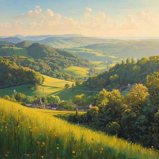 Schilderij met panoramisch uitzicht over weelderige groene heuvels, dichte bossen en een kronkelend dal onder een stralend blauwe zomerlucht – natuur landschap wall art print
