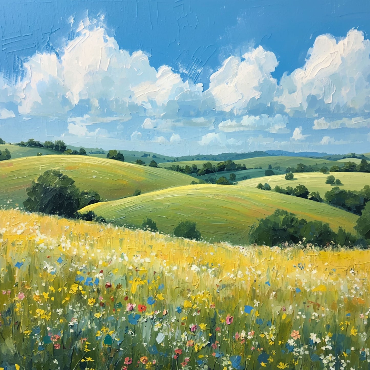 Schilderij met uitgestrekte gele bloemenweiden, glooiende groene heuvels en een stralend blauwe lucht vol luchtige witte wolken in zomers daglicht – natuur wall art print
