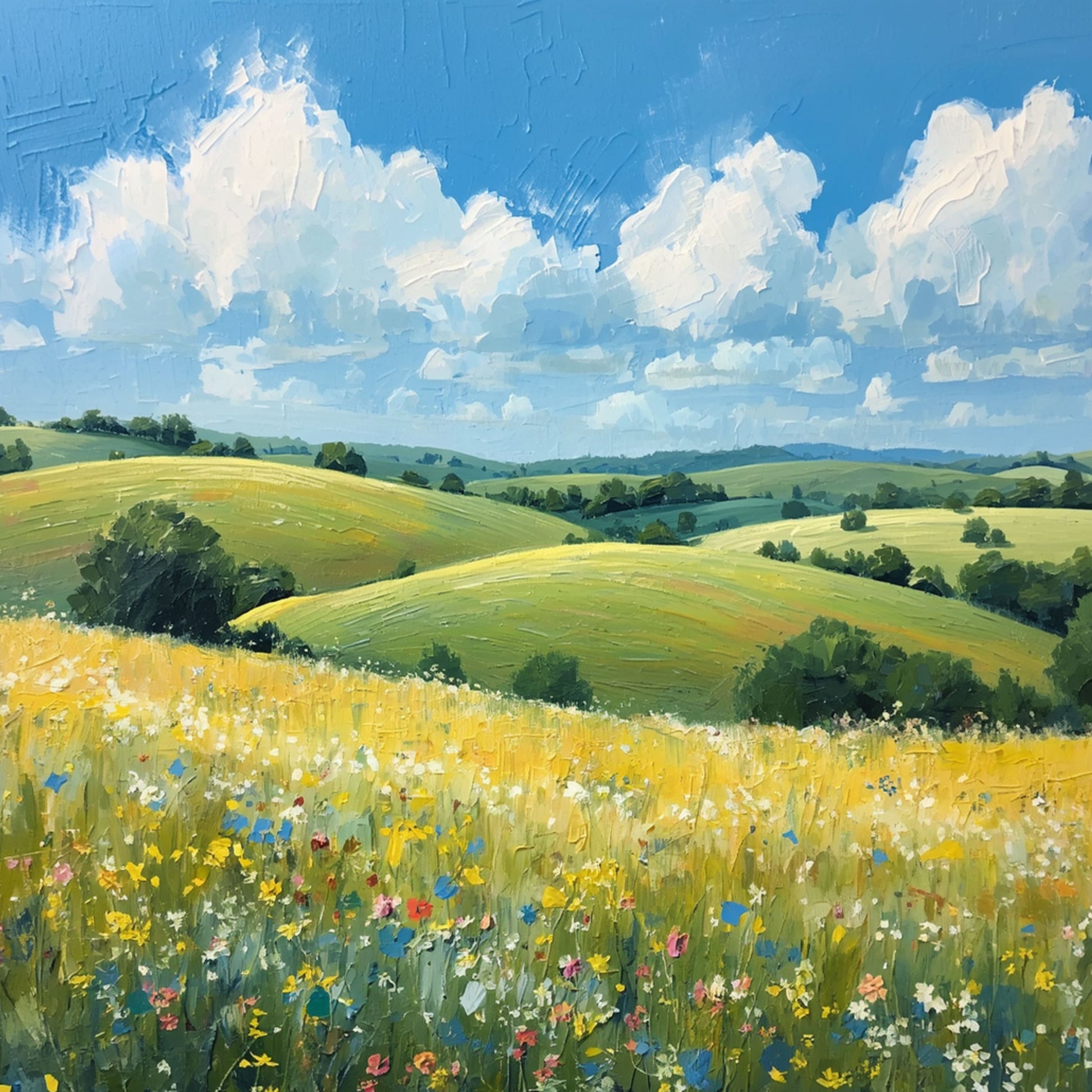 Schilderij met uitgestrekte gele bloemenweiden, glooiende groene heuvels en een stralend blauwe lucht vol luchtige witte wolken in zomers daglicht – natuur wall art print
