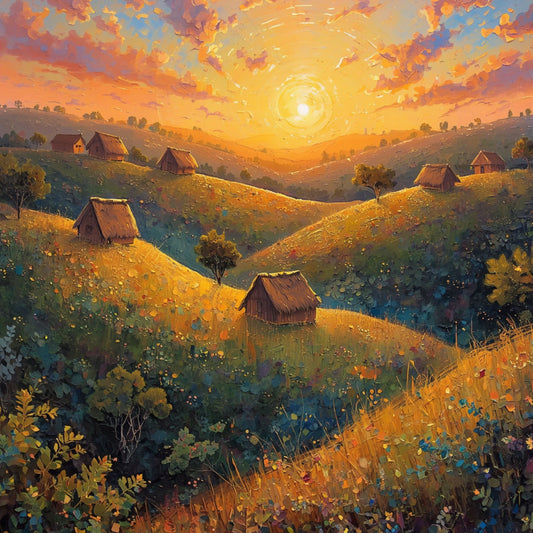 Schilderij met gouden zonsondergang over glooiende heuvels, rijpe gele velden, eenzame boerderij en dramatische oranje avondlucht – nostalgisch platteland wall art print
