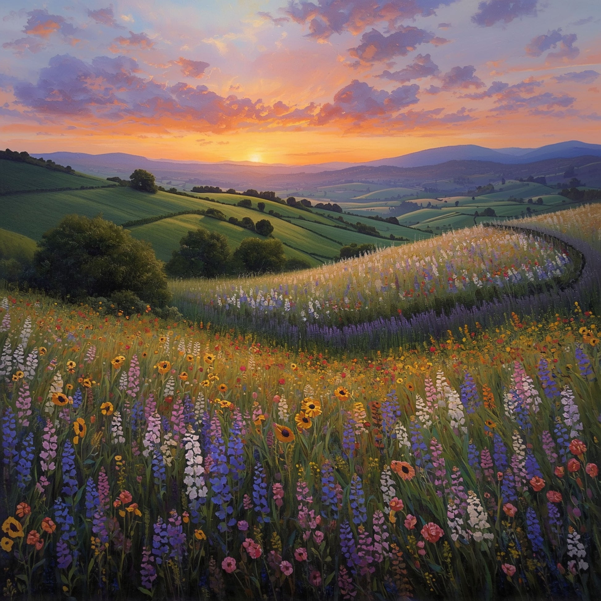 Schilderij met uitgestrekte paarse lavendelvelden onder een dramatische zonsondergang in roze en paars met donkere glooiende heuvels op de achtergrond – romantisch wall art print

