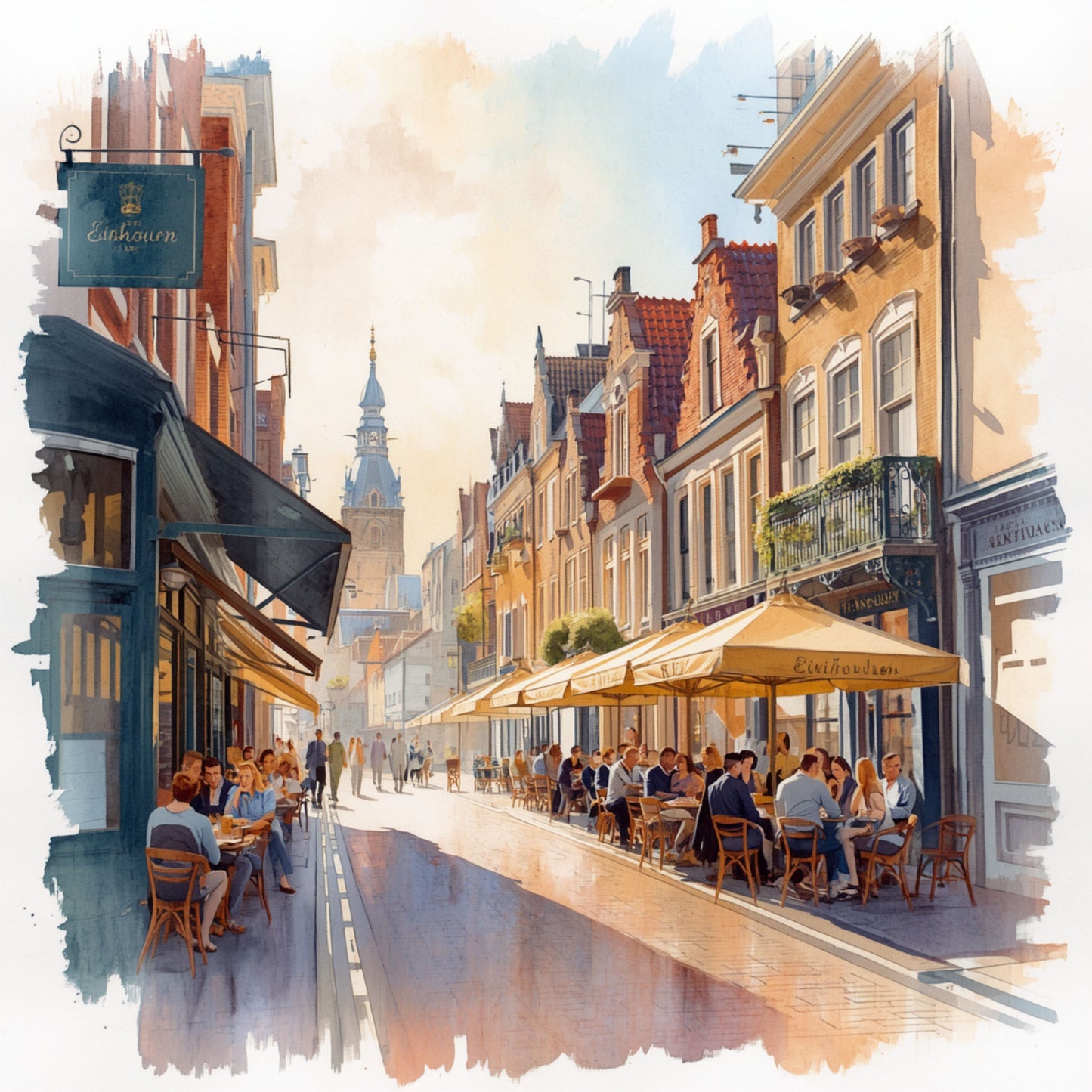 Aquarel schilderij van zonnige Eindhoven winkelstraat met karakteristieke gevels, parasols, mensen die flaneren en warm zomers licht – cityscape wall art print
