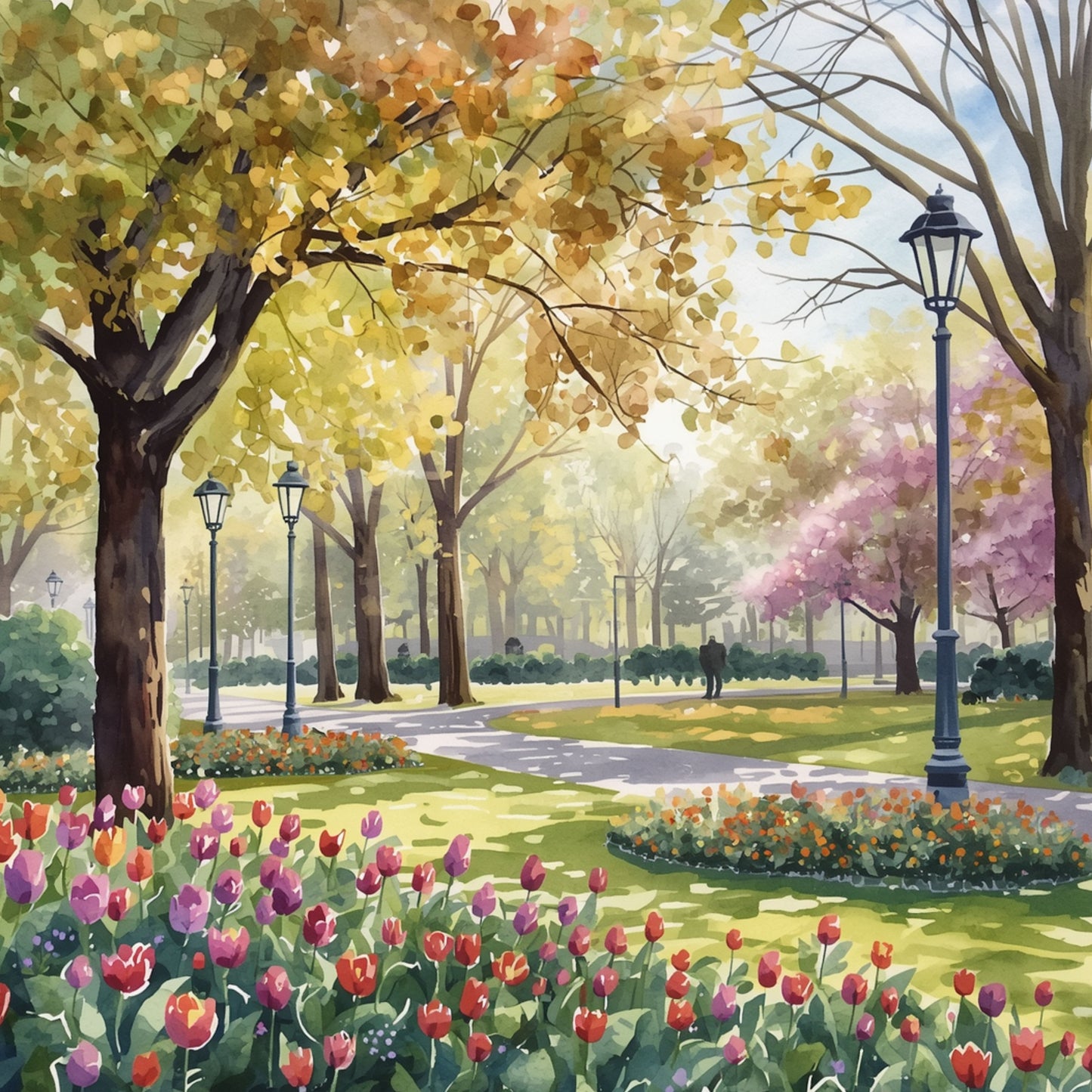 Aquarel schilderij van Eindhovens park in de lente met bloeiende rode tulpen, gouden bomen, klassieke lantaarnpalen en mensen die wandelen in zacht lentelicht – cityscape wall art print
