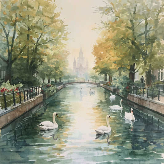 Den Haag gracht schilderij met witte zwanen, sierlijke ijzeren brug, herfstbomen en gotische kathedraal in mist – aquarel wall art print
