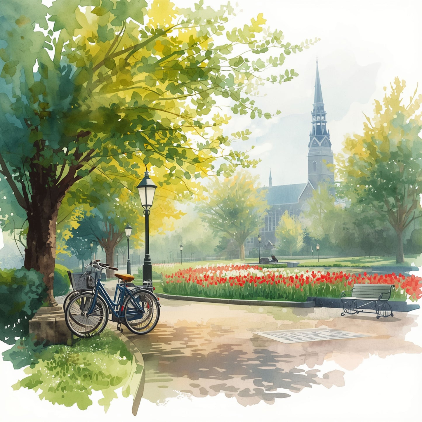 Aquarel schilderij van Eindhovens park met weelderige groene bomen, geparkeerde fietsen, rode tulpen en een kerkspits op de achtergrond in zomers licht – Nederlands cityscape wall art print
