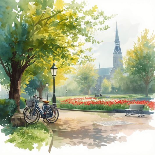 Aquarel schilderij van Eindhovens park met weelderige groene bomen, geparkeerde fietsen, rode tulpen en een kerkspits op de achtergrond in zomers licht – Nederlands cityscape wall art print
