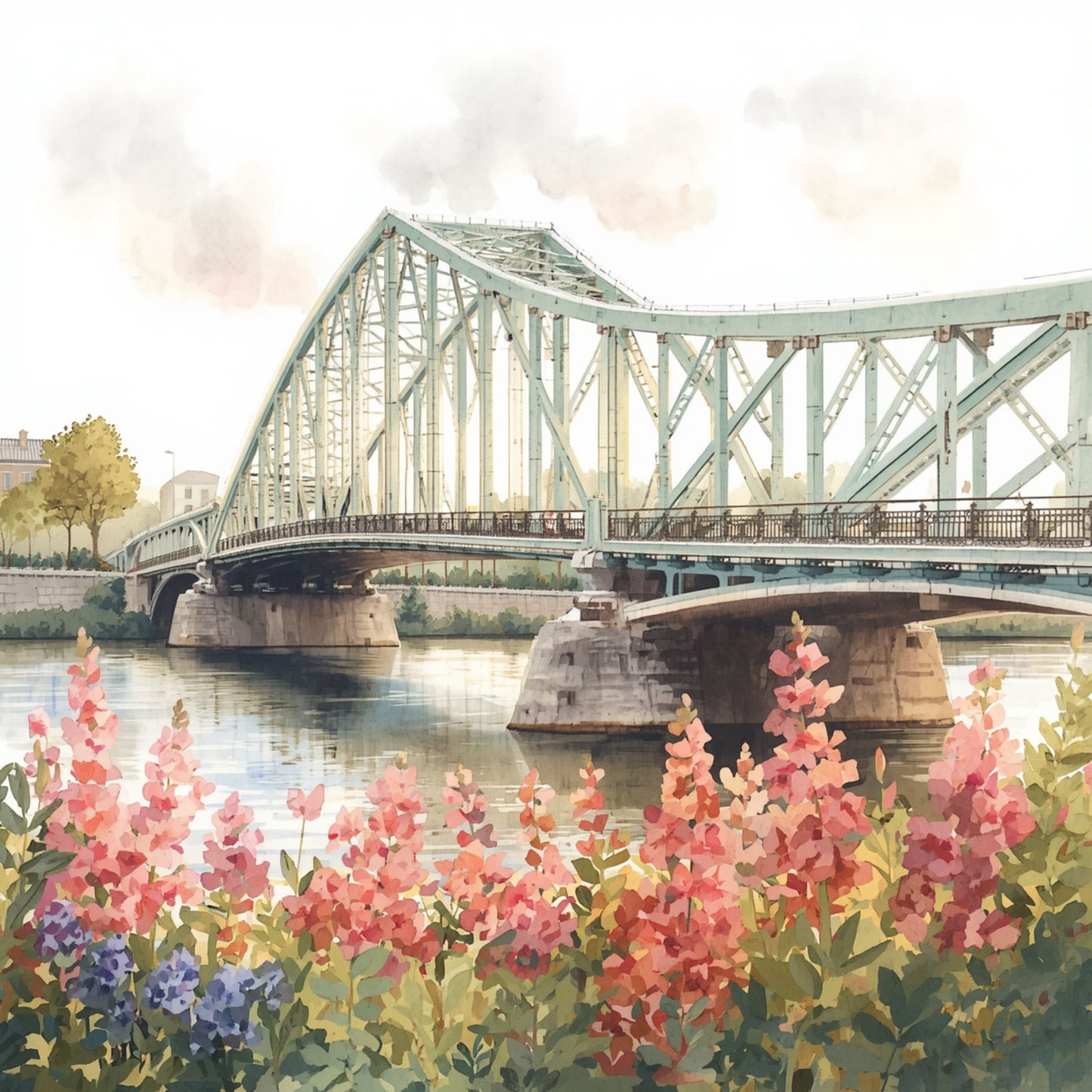 Aquarel schilderij van Eindhovense stalen brug over het water met wilde roze bloemen op de voorgrond en zachte pastelkleuren in lentelicht – Nederlands cityscape wall art print
