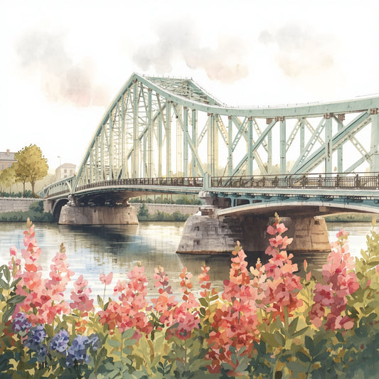 Aquarel schilderij van Eindhovense stalen brug over het water met wilde roze bloemen op de voorgrond en zachte pastelkleuren in lentelicht – Nederlands cityscape wall art print

