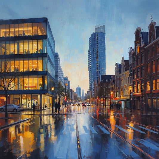 Schilderij van Eindhovens stadscentrum bij avond met verlichte moderne wolkenkrabbers, natte straten die lichten weerspiegelen en een dramatische blauwe schemering – urban cityscape wall art print
