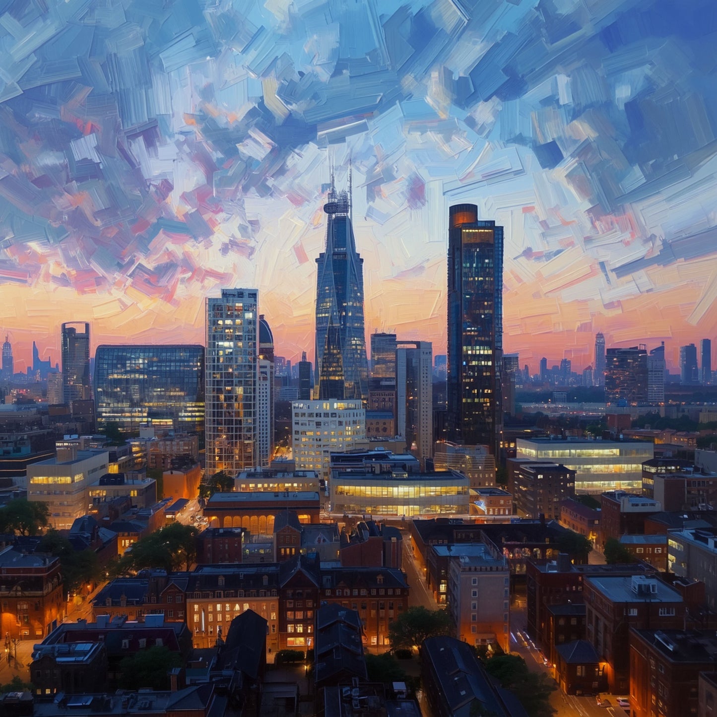 Schilderij van Eindhovense skyline bij zonsondergang met dramatische paarse en oranje wolken, verlichte moderne torens en panoramisch stadsgezicht van bovenaf – urban wall art print
