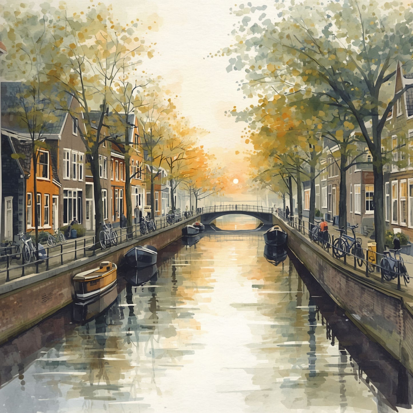 Aquarel schilderij van Eindhovense gracht met gouden herfstbomen, klassieke gevels, boten en warme weerspiegeling in het stille water – Nederlands cityscape wall art print
