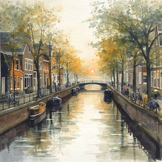 Aquarel schilderij van Eindhovense gracht met gouden herfstbomen, klassieke gevels, boten en warme weerspiegeling in het stille water – Nederlands cityscape wall art print
