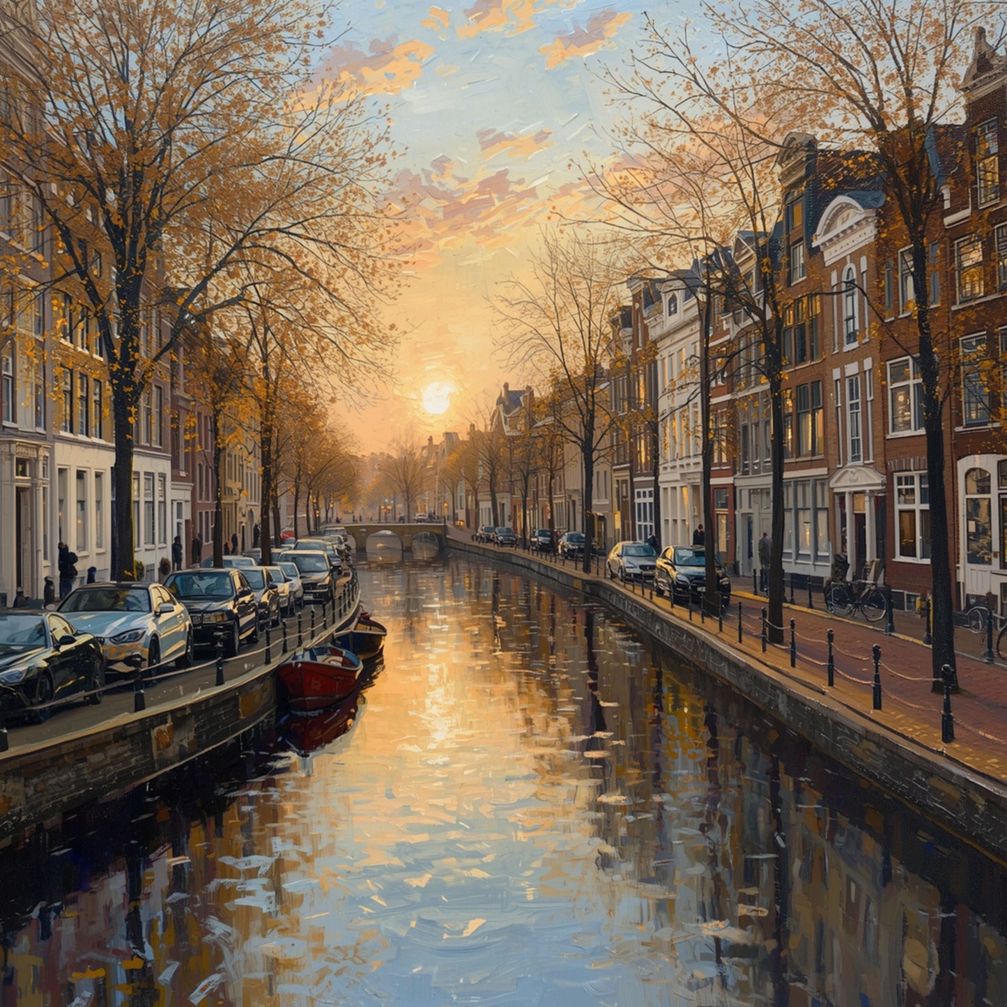 Amsterdam gracht schilderij met gouden zonsondergang, rode boot, kale herfstbomen en historische grachtenpanden – olieverf wall art print
