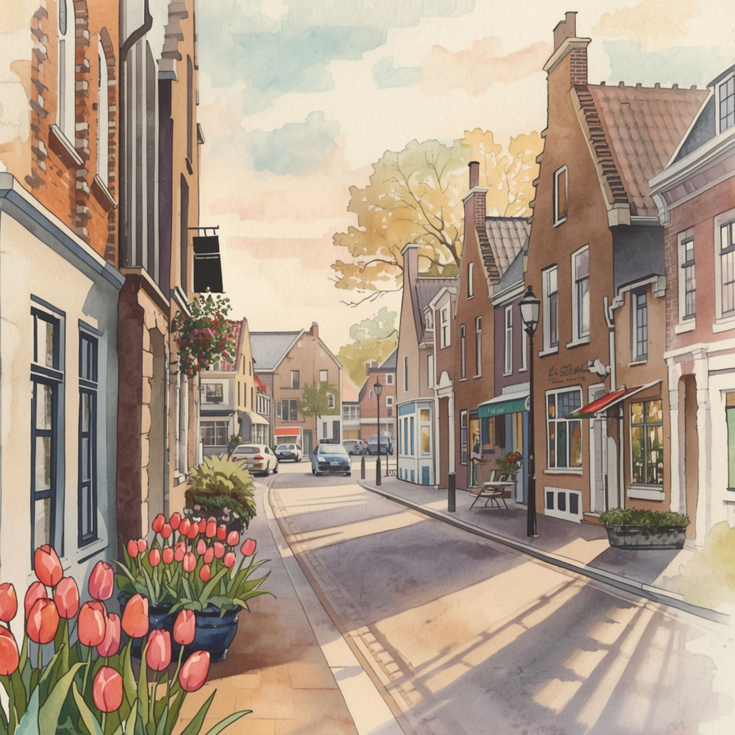 Aquarel schilderij van Eindhovense historische winkelstraat met roze tulpen op de voorgrond, karakteristieke gevels en zonnig pastel lentelicht – cityscape wall art print

