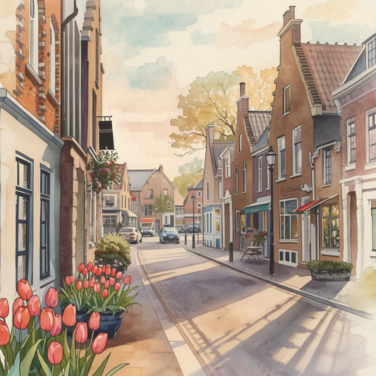 Aquarel schilderij van Eindhovense historische winkelstraat met roze tulpen op de voorgrond, karakteristieke gevels en zonnig pastel lentelicht – cityscape wall art print
