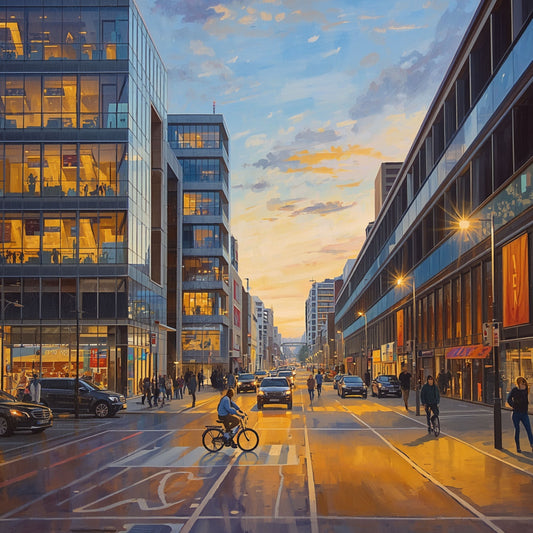 Schilderij van drukke Eindhovense stadsstraat bij avondschemering met verlichte wolkenkrabbers, fietser op de voorgrond en warme oranje en gouden avondgloed – urban cityscape wall art print
