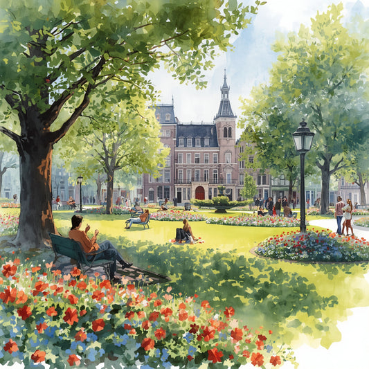 Amsterdam park schilderij met rode en blauwe bloemen, grote eikenbomen, spelende mensen en historisch gebouw – aquarel wall art print
