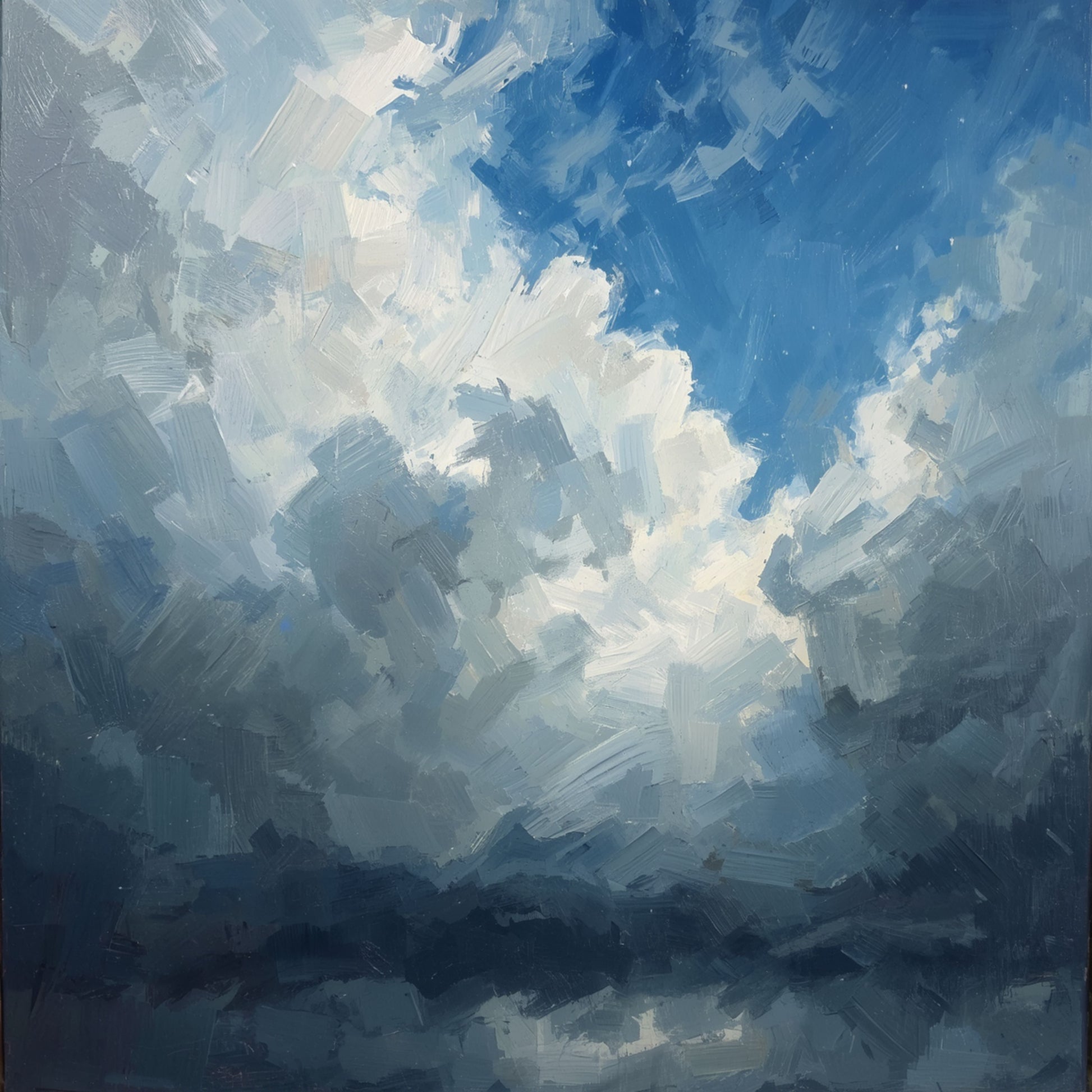 Wolken schilderij met dramatische blauwe lucht, grote witte wolken en donker spiegelend water – olieverf wall art print
