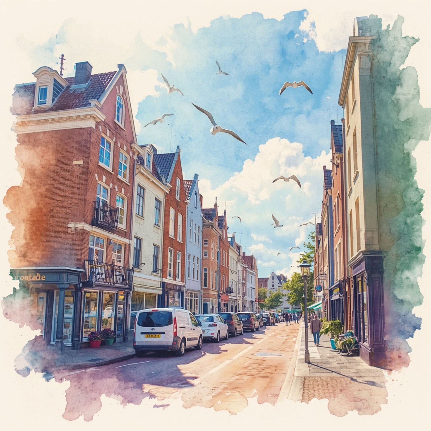 Den Haag stadsplein schilderij met kleurrijke historische gevels, hoge kerktoren, terrassen en zomerse blauwe lucht – olieverf wall art print
