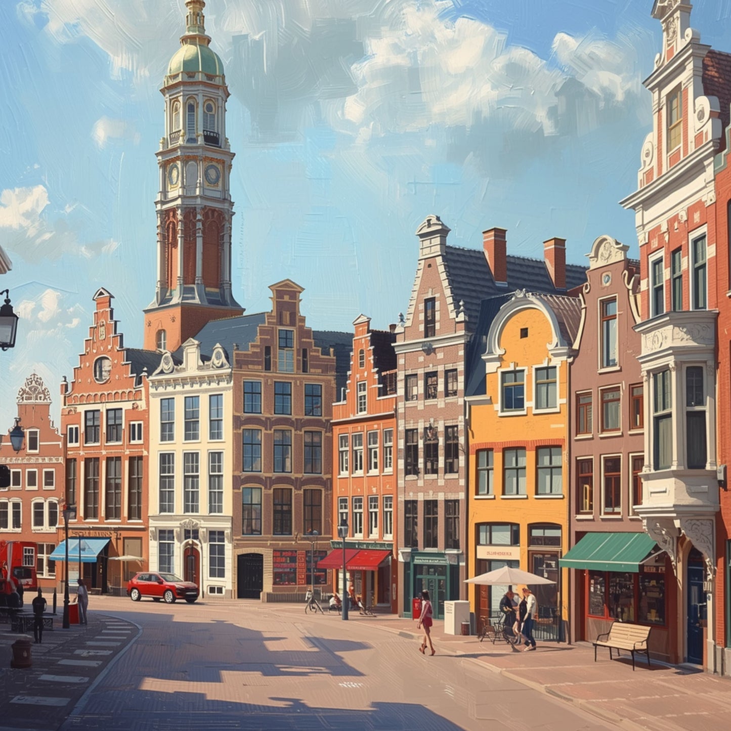 Den Haag schilderij met kleurrijke historische gevels, hoge toren, terrassen en zomerse blauwe lucht – olieverf wall art print
