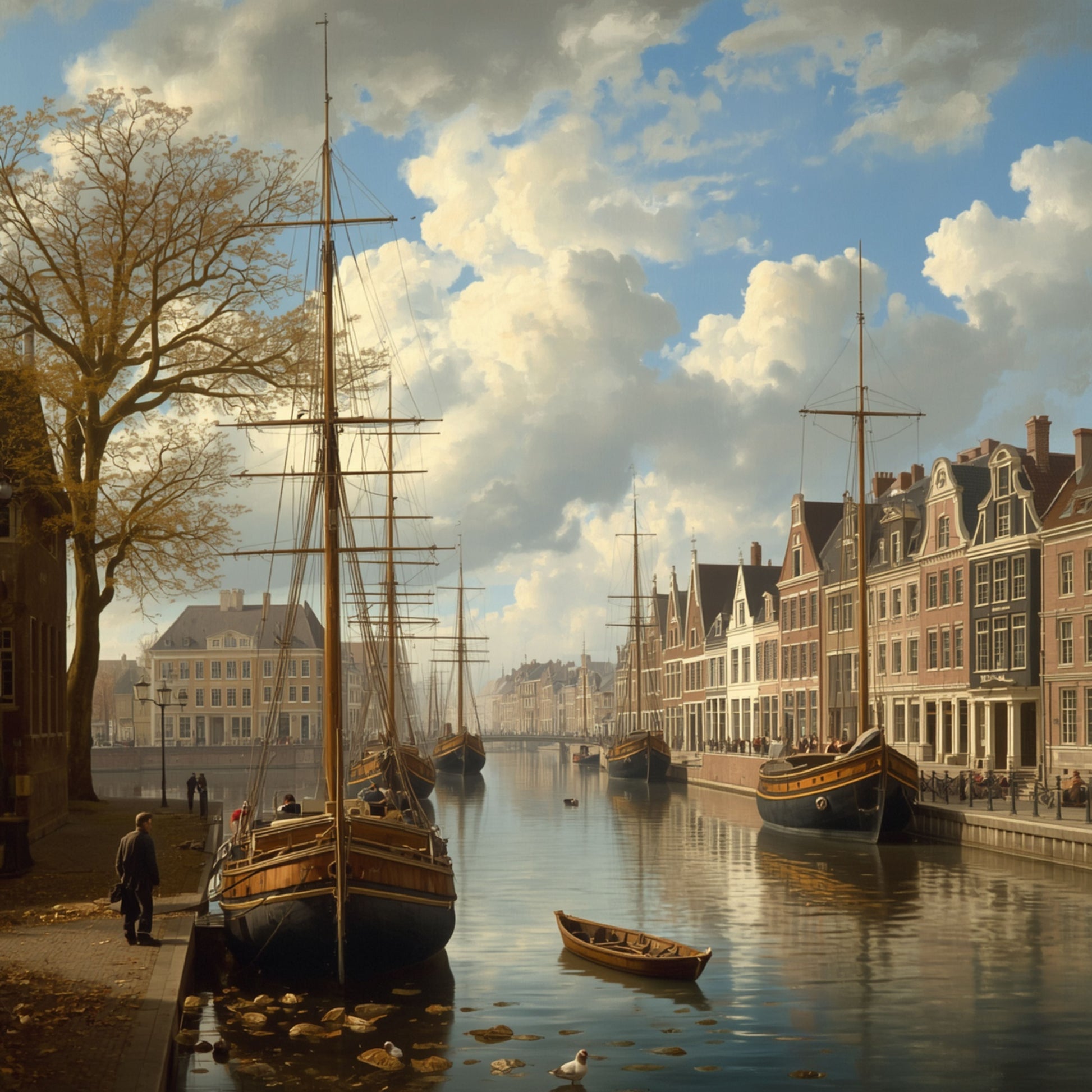 Amsterdam haven schilderij met klassieke houten zeilschepen, spiegelend water, kale bomen en historische gevels – olieverf wall art print
