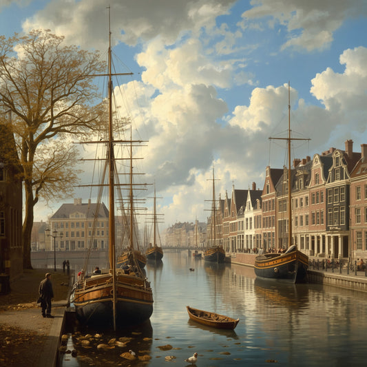 Amsterdam haven schilderij met klassieke houten zeilschepen, spiegelend water, kale bomen en historische gevels – olieverf wall art print
