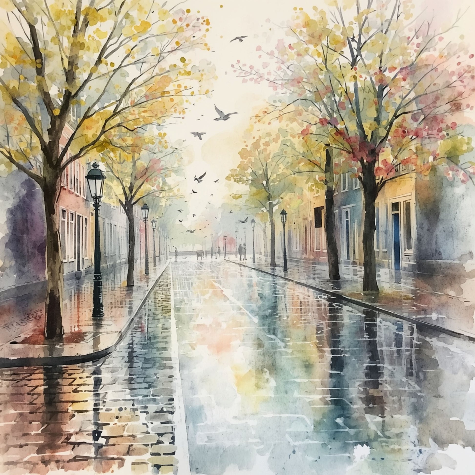 Deventer schilderij met regenachtige herfstlaan, glanzende kasseien, sierlijke lantaarns, gouden bomen en vliegende vogels – aquarel wall art print
