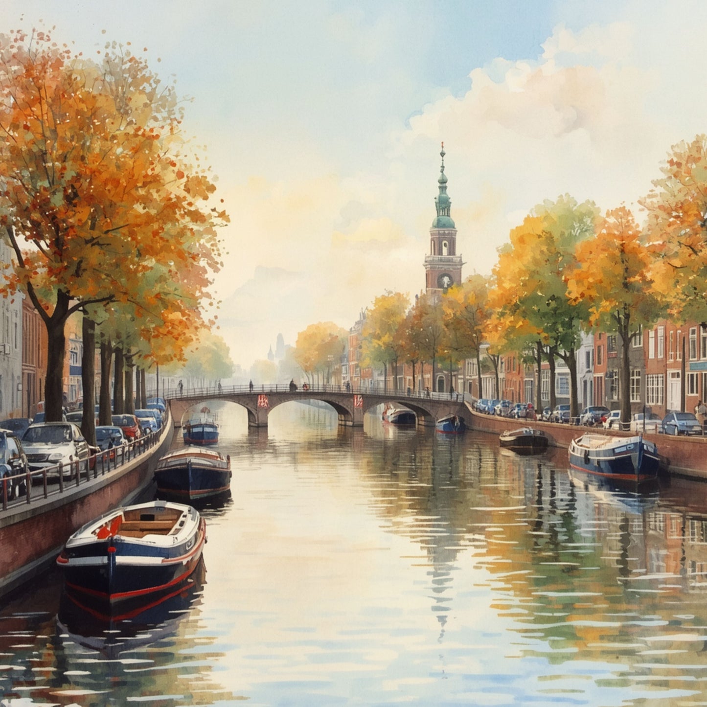 Amsterdam gracht schilderij met gouden herfstbomen, rustende boten langs de kade, stenen brug en mistige kerktoren – aquarel wall art print
