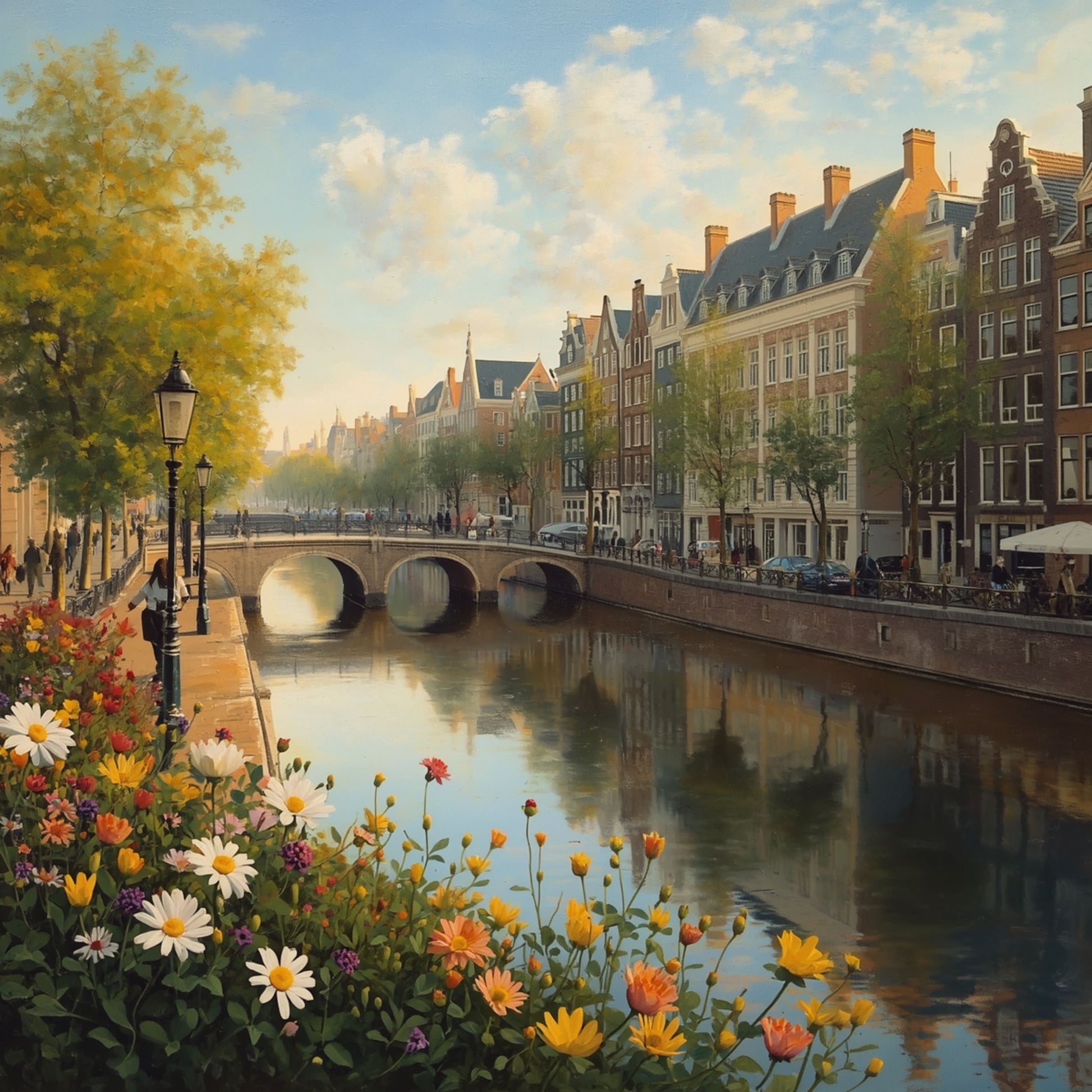 Den Haag gracht schilderij met lentebloemen, brug en historische gevels – kleurrijk cityscape wall art print