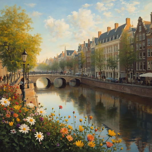 Den Haag gracht schilderij met lentebloemen, brug en historische gevels – kleurrijk cityscape wall art print