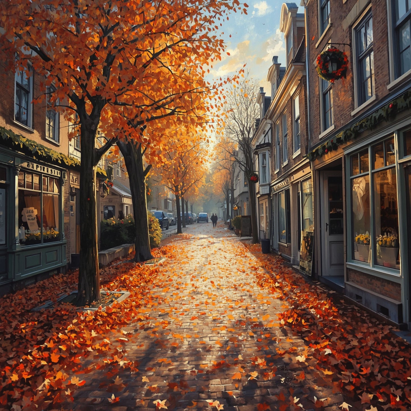 Deventer schilderij met gouden herfstlaan, oranje vallende bladeren, kasseien, sierlijke lantaarns en historische winkelpanden – olieverf wall art print
