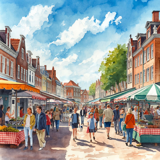 Deventer schilderij met zomerse marktstraat, kleurrijke marktkraampjes, grote groene bomen, wandelaars en blauwe lucht – aquarel wall art print

