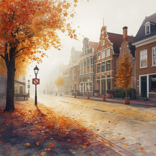 Deventer schilderij met mistige herfstlaan, gouden bomen, zachte ochtendzon, sierlijke lantaarnpaal en historische panden – aquarel wall art print
