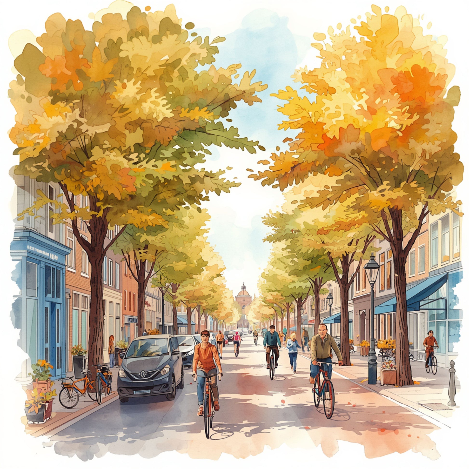 Deventer schilderij met zonnige herfstlaan, stralend gele bomen, wandelaars op kasseien en heldere blauwe lucht – aquarel wall art print
