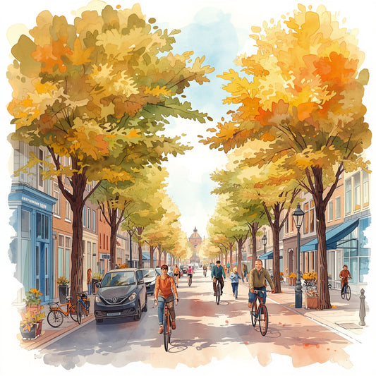 Deventer schilderij met zonnige herfstlaan, stralend gele bomen, wandelaars op kasseien en heldere blauwe lucht – aquarel wall art print
