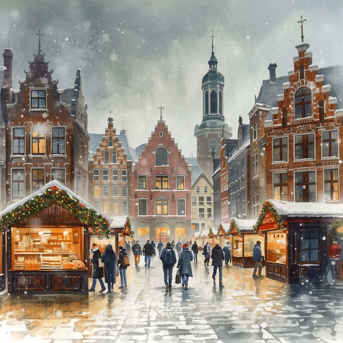Deventer schilderij met sfeervolle kerstmarkt, verlichte houten kraampjes, regenachtige kasseien, wandelaars en historische torens in de avond – aquarel wall art print
