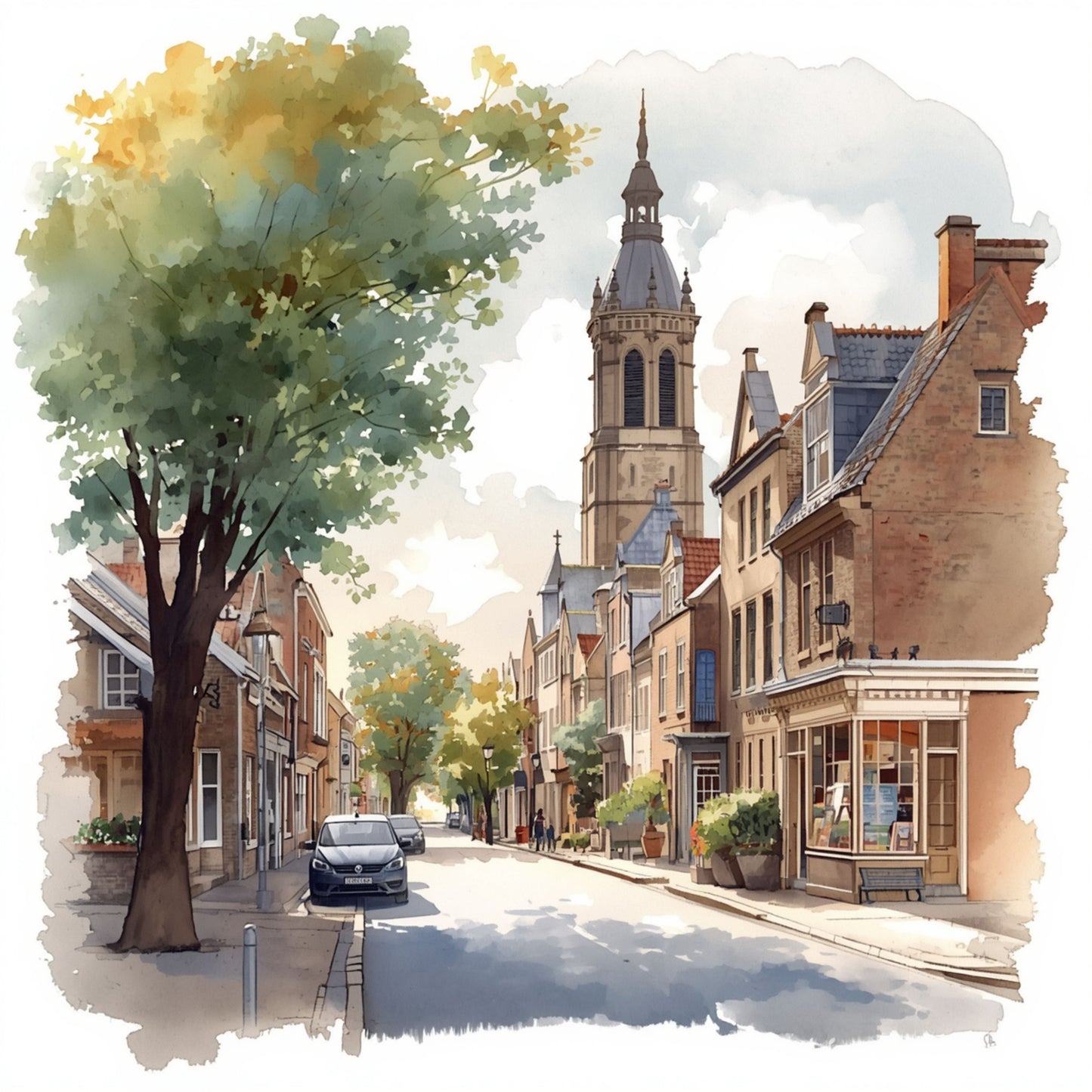 Deventer schilderij met zomerse straat, hoge kerktoren, groene bomen, historische bakstenen panden en wandelaars in warm zonlicht – aquarel wall art print
