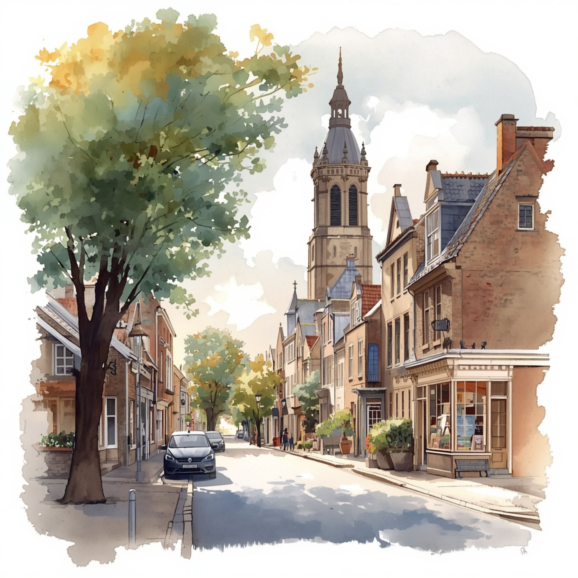 Deventer schilderij met zomerse straat, hoge kerktoren, groene bomen, historische bakstenen panden en wandelaars in warm zonlicht – aquarel wall art print
